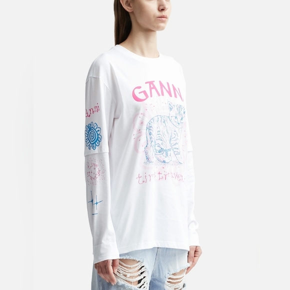 Ganni White Long Sleeve Tee with Pink and Blue Graphics - Picture 13 of 16